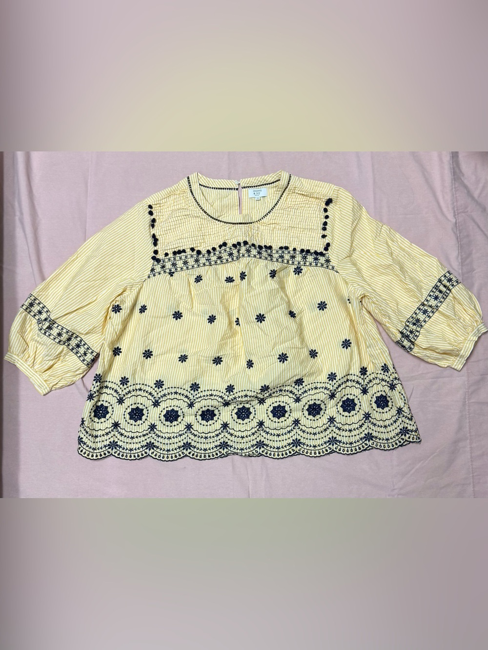 crown & ivy Yellow Striped Blouse with Navy Embroidery